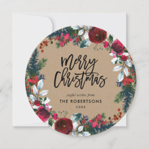 Holiday Floral Christmas Wreath Circle Photo Card