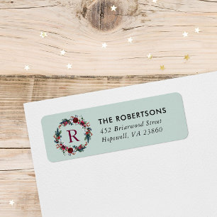 Holiday Floral Christmas Wreath Monogram Address