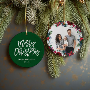 Holiday Floral Christmas Wreath Personalised Photo Ceramic Tree Decoration