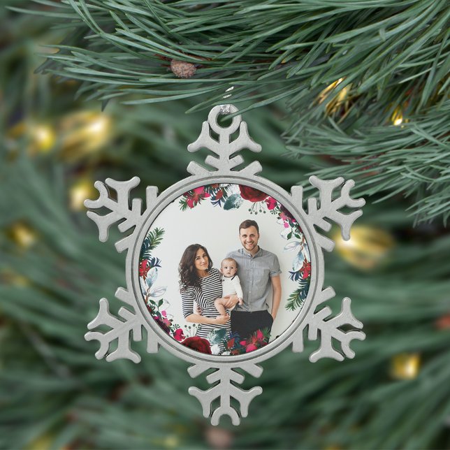 Holiday Floral Christmas Wreath Personalised Photo Snowflake Pewter Christmas Ornament (Creator Uploaded)