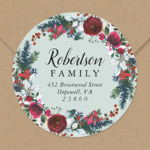 Holiday Floral Christmas Wreath Return Address Classic Round Sticker