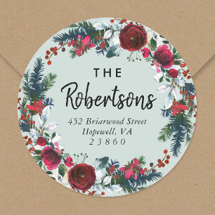 Holiday Floral Christmas Wreath Return Address Classic Round Sticker