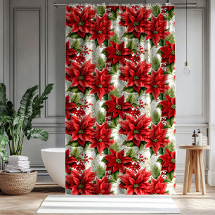 Holiday Floral Curtain Red Poinsettia Décor