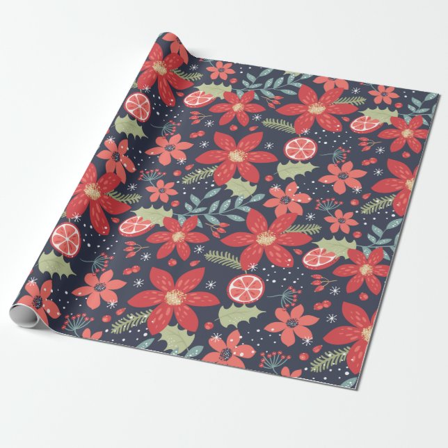 Holiday Floral Pattern Wrapping Paper (Unrolled)