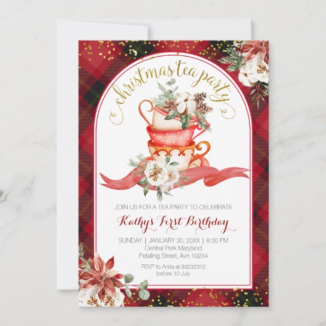 Holiday Floral Red Plaid Winter Birthday Tea Invitation (Front)