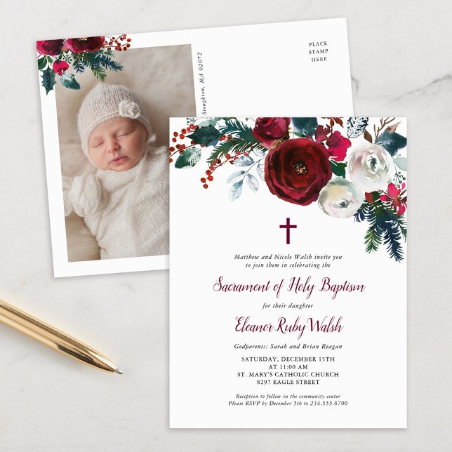 Holiday Floral Winter Baptism Photo Invitation (Creator Uploaded)