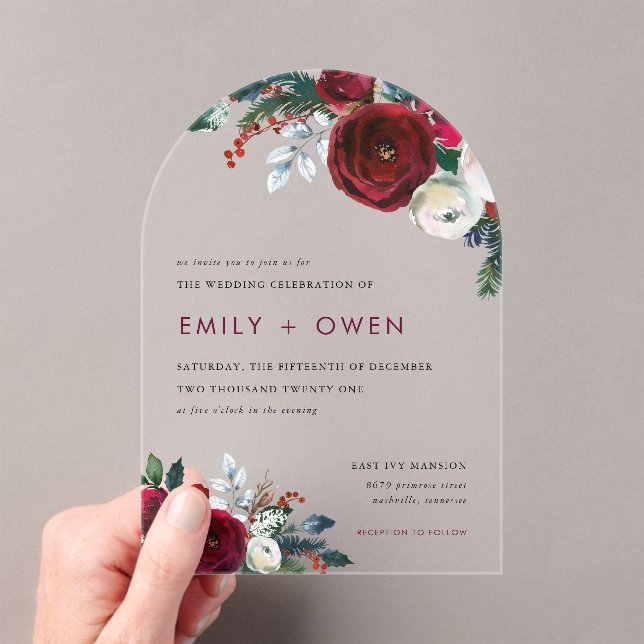 Holiday Floral Winter Wedding Acrylic Invitations (Insitu (Handheld))