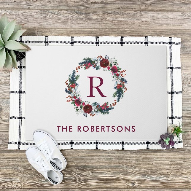 Holiday Floral Wreath Monogram Personalised Doormat (Creator Uploaded)