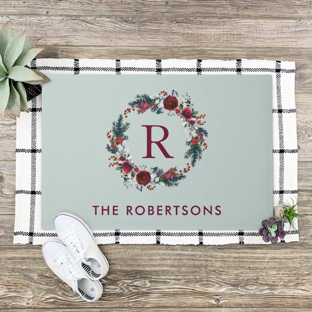 Holiday Floral Wreath Monogram Personalised Doormat (Creator Uploaded)