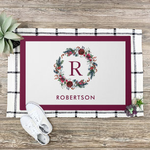 Holiday Floral Wreath Monogram Personalised Doormat