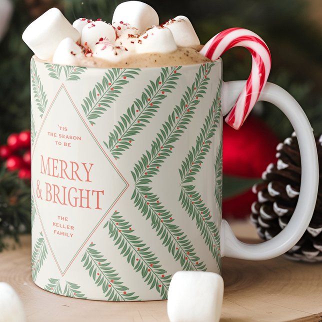Holiday Foliage Quadrant Ivory and Green Mug (festive holiday themed mug with custom message)