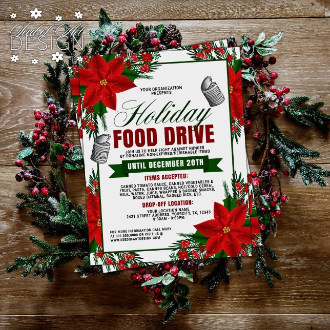 Holiday Food Drive Poinsettia Floral Frame Charity Flyer (Creator Uploaded)