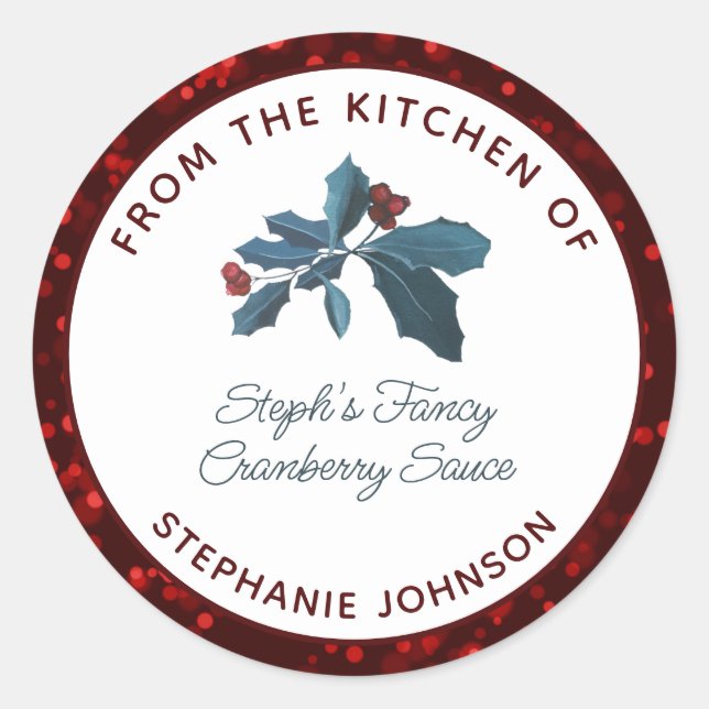 Holiday Food Gift From the Kitchen of Red Bokeh Classic Round Sticker (Front)