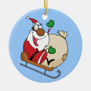 Holiday Fun Black Santa Claus Riding Sled Ceramic Tree Decoration
