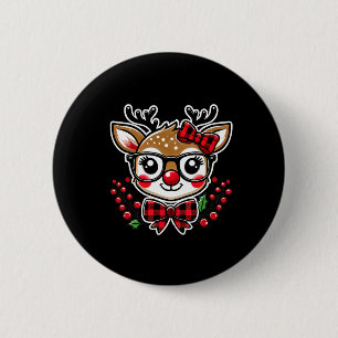 Holiday Fun Cute Christmas Reindeer With Plaid Bow 6 Cm Round Badge