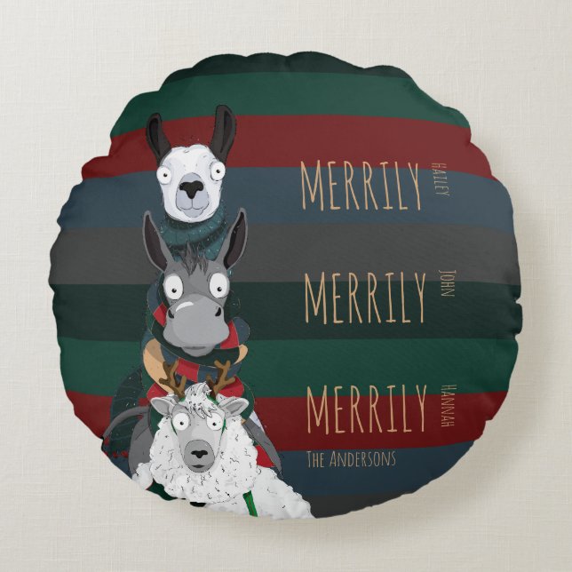 Holiday Funny "Merrily" Sheep Donkey Llama Striped Round Cushion (Front)