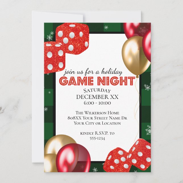 Holiday Game Night Dice on Green Flannel Invitation (Front)