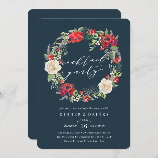 Holiday Garden Wreath Cocktail Party Invitation (Front/Back)
