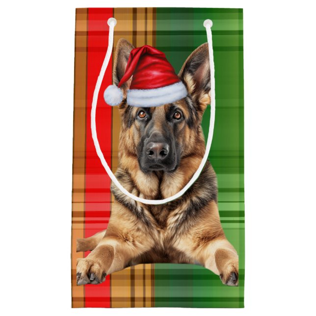 Holiday German Shepherd Dog and Plaid Christmas Small Gift Bag (Front)