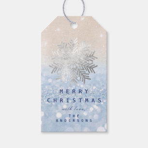 Holiday Gift Blue Snow Flakes Silver Blue Glitter Gift Tags