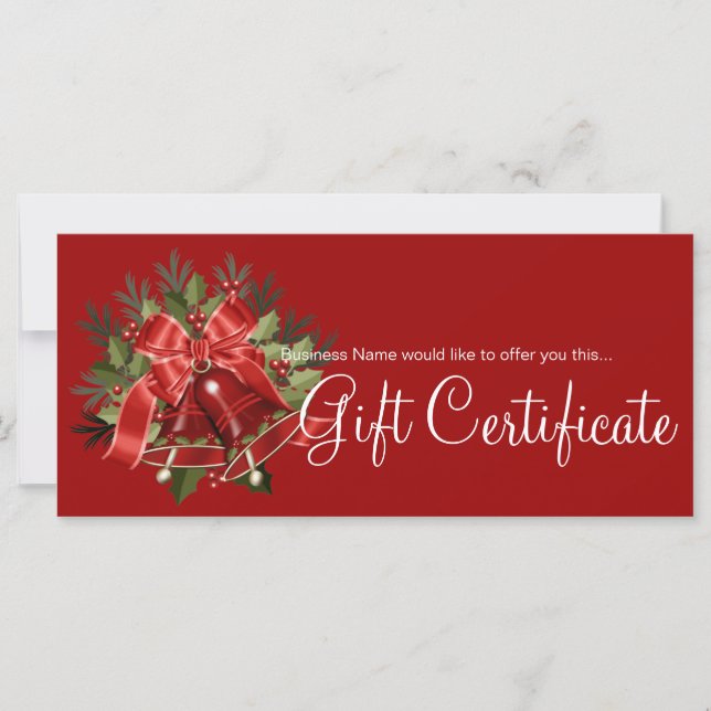 Holiday Gift Certificate Red Christmas Bells (Front)
