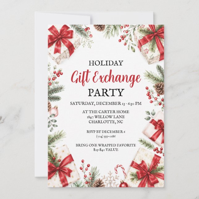 Holiday Gift Exchange Party Red Bow Christmas Invitation (Front)
