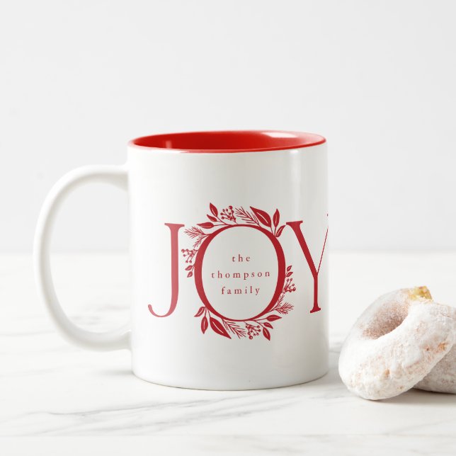 Holiday Gift Joy Wreath Christmas Red Personalised Two-Tone Coffee Mug (With Donut)