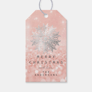 Holiday Gift Snow Flakes Silver Rose Pink Glitter Tags