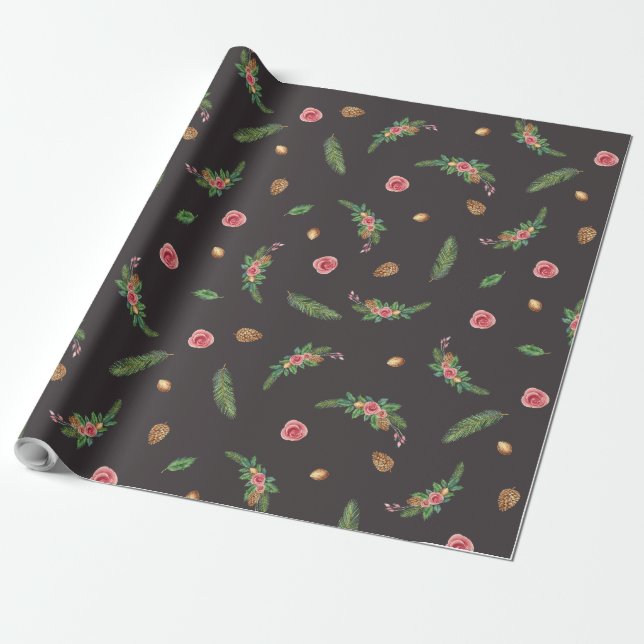 Holiday Gift Wrap Pink Rose and Pine (Unrolled)