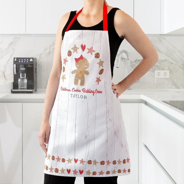 Holiday Gingerbread Girl Baking Crew Rustic Wood Apron (Creator Uploaded)