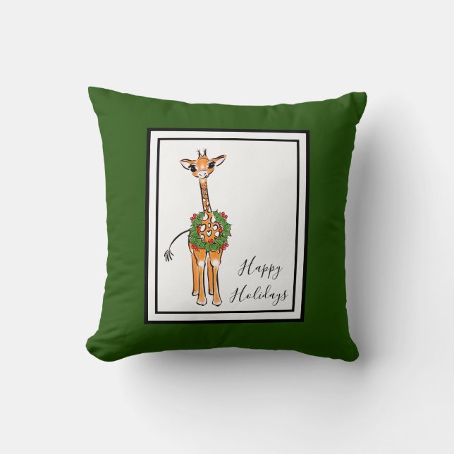 Holiday Giraffe- red and green Holiday wreath Cushion (Front)