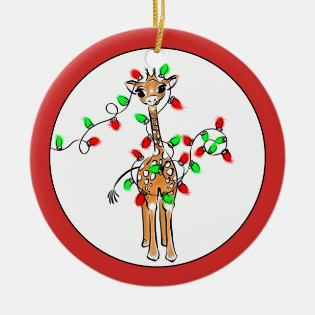 Holiday Giraffe- twinkle red and green lights Ceramic Tree Decoration (Front)