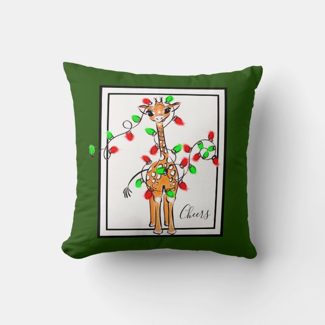 Holiday Giraffe- twinkle red and green lights Cushion (Front)