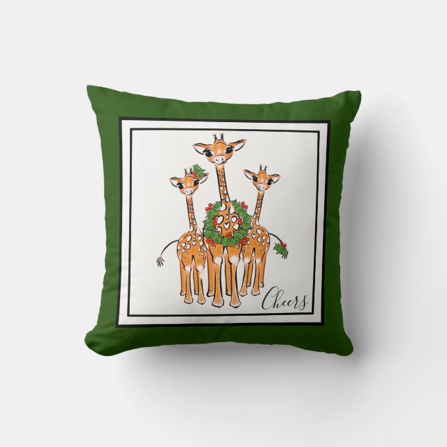 Holiday Giraffes- red and green Holly Wreath Cushion (Front)
