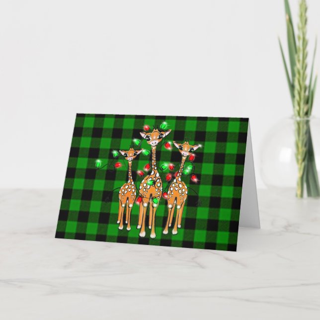 Holiday Giraffes, twinkle red green lights, plaid  Card (Front)