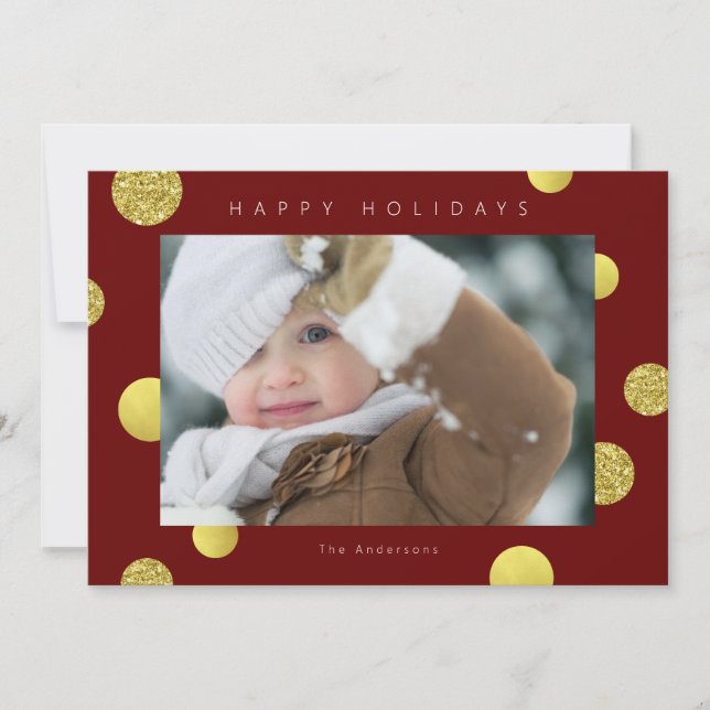 Holiday Glitter Photo Card - Golden Dots Red (Front)