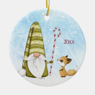 Holiday Gnome and Fox Custom Year Keepsake Ceramic Tree Decoration