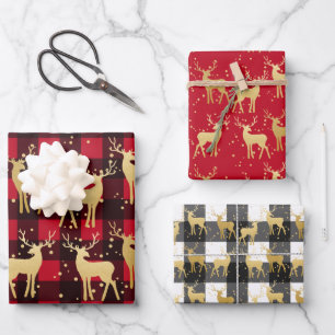 Holiday Gold Antler Stag Pattern Red Plaid Wrapping Paper Sheet