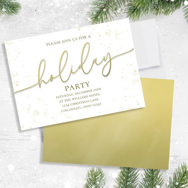 Holiday Gold Calligraphy Script Simple Party Invitation (Holiday party gold gradient calligraphy script invitation. and gold gradient backside. )