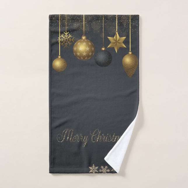 Holiday Gold Christmas Balls Snowflakes Dark  Bath Towel Set (Hand Towel)