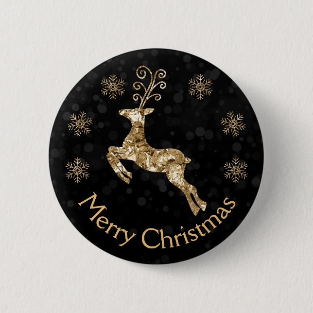 Holiday Gold crumpled Foil Christmas Reindeer 6 Cm Round Badge (Front)