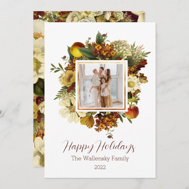 Holiday Gold Floral Photo Family Christmas Invitation (Front/Back)