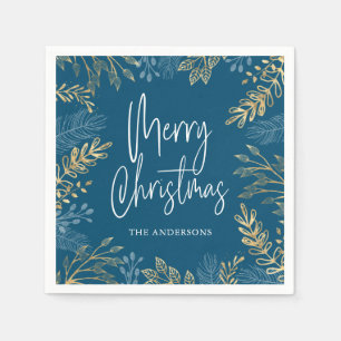 Holiday Gold Greenery Dark Blue Christmas Napkin