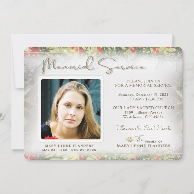Holiday Golden Christmas Memorial Service Invite (Front)