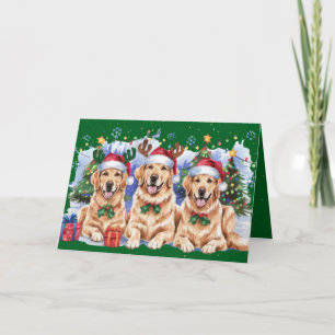 Holiday Golden Retrieve Merry Christmas Card Green