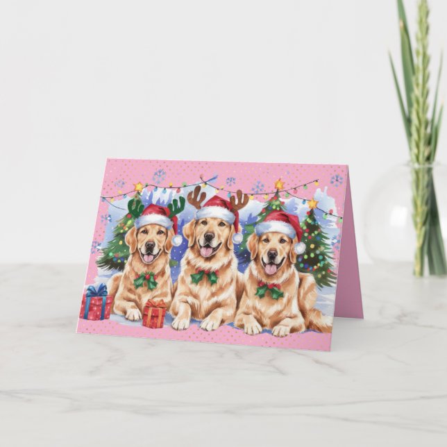 Holiday Golden Retriever Merry Christmas Card Pink (Front)