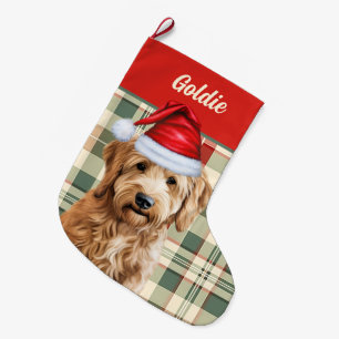 Holiday Goldendoodle Plaid with Dog's Name Large Christmas Stocking