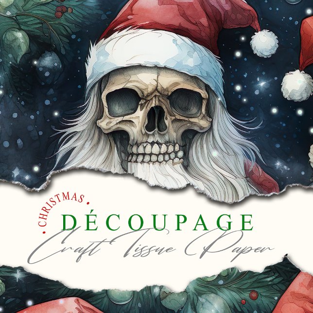 Holiday Gothic Christmas Skulls in Red Santa Hats Tissue Paper (Santa skulls in christmas hats, a gothic surprise. Perfect for decoupage and crafts this Christmas.)