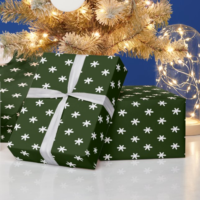 Holiday green and white snowflakes pattern cute wrapping paper (Holidays)
