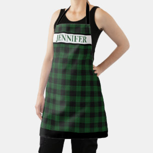 Holiday Green Black Buffalo Plaid Rustic Name Apron